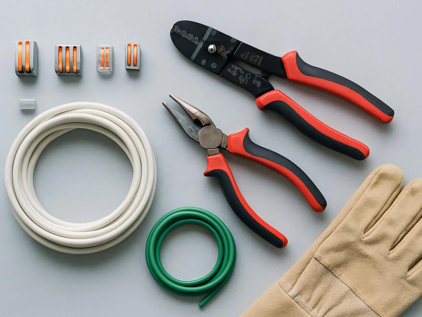 Assorted electrical tools, wire coils, connectors, and work gloves arranged on a gray surface
