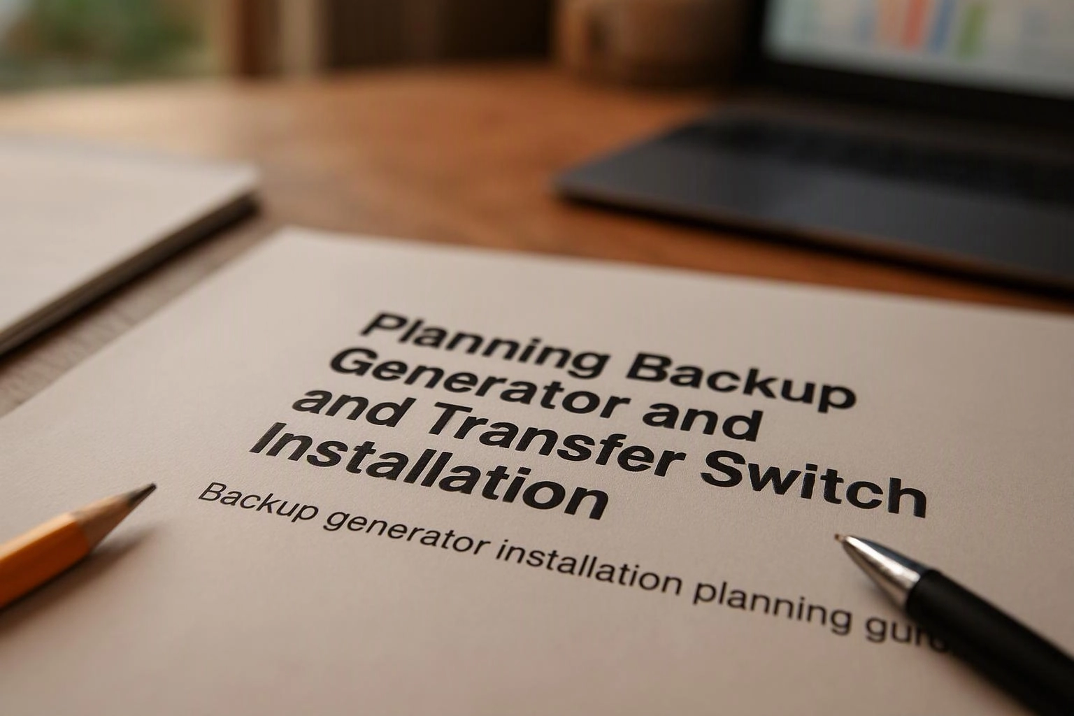 Macro product photograph of environmental still life in a real workspace where "Planning Backup Generator and Transfer Switch Installation" is planned