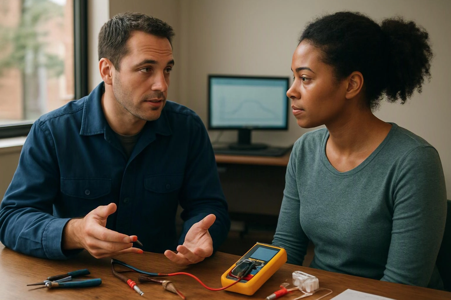 Two people sit at a table discussing a yellow multimeter beside wires and small tools in a office setting