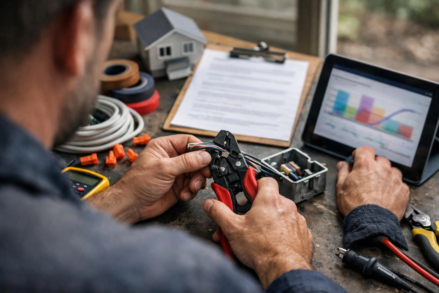 A person strips wires at a workbench while using a tablet with a colorful chart nearby