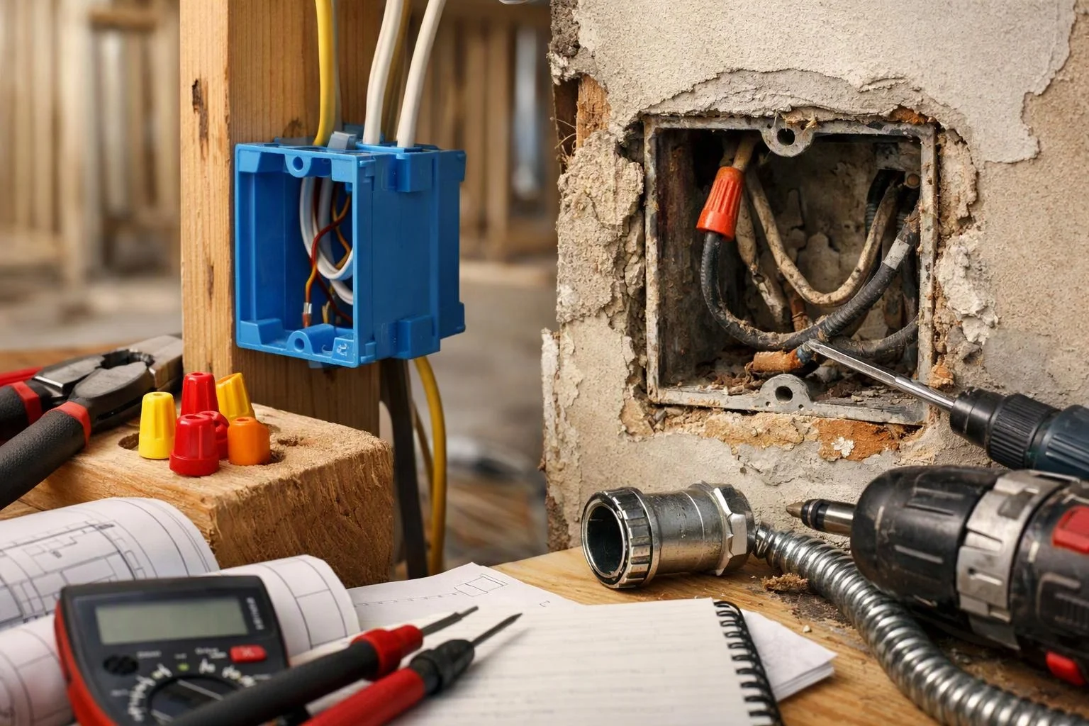 Macro product photograph of a clear visual metaphor illustrating what "Choosing an Electrical Contractor for New Construction