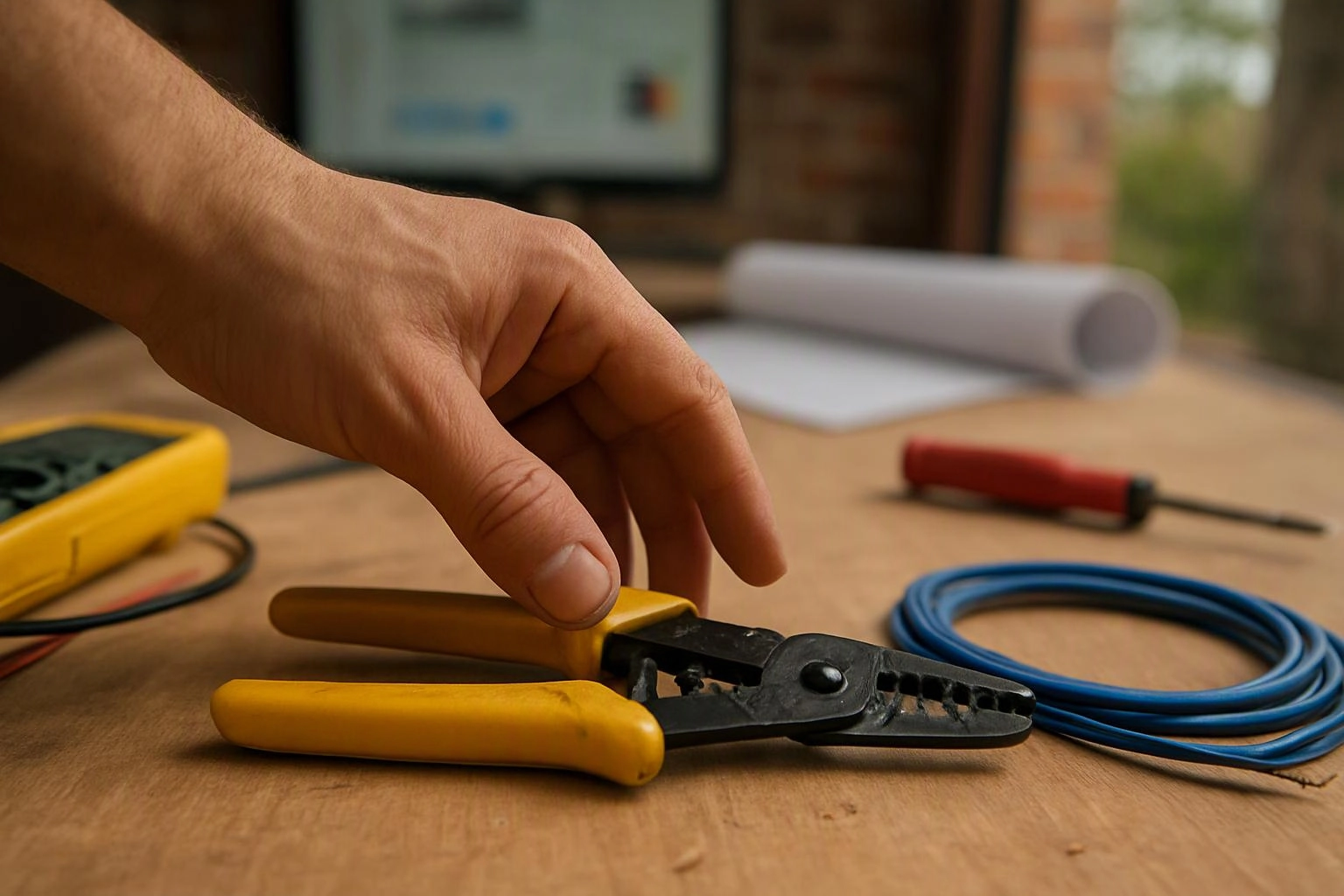 Photograph of a single hand reaching in from the frame edge in close-up documentary detail of tools, materials