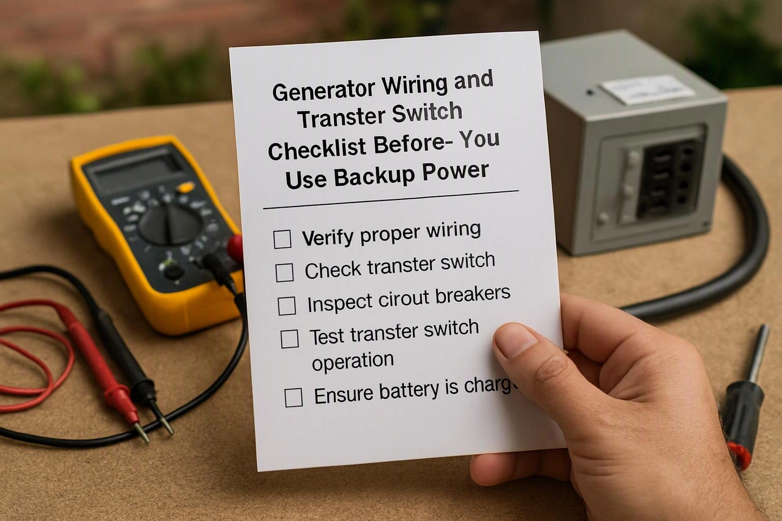 A hand holds a generator backup power checklist beside a meter, test leads, and a metal switch box