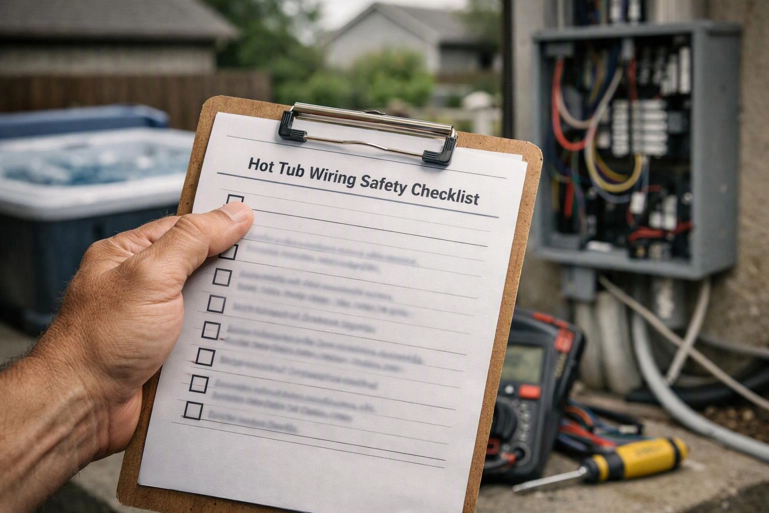 A hand holds a clipboard checklist beside an open electrical panel and testing tools outdoors