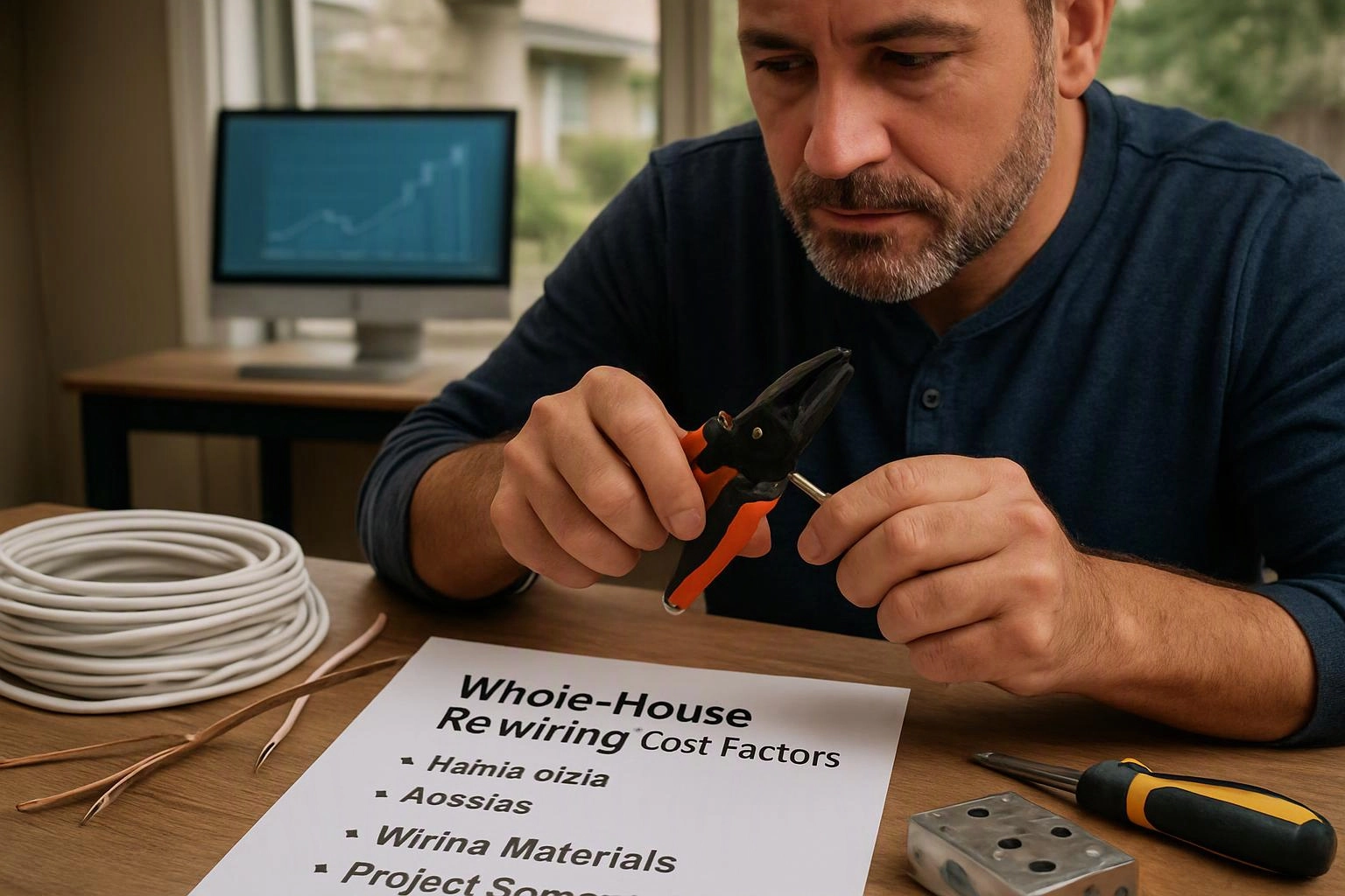 A man inspects a wire stripper at a desk beside coils of cable and a rewiring cost sheet