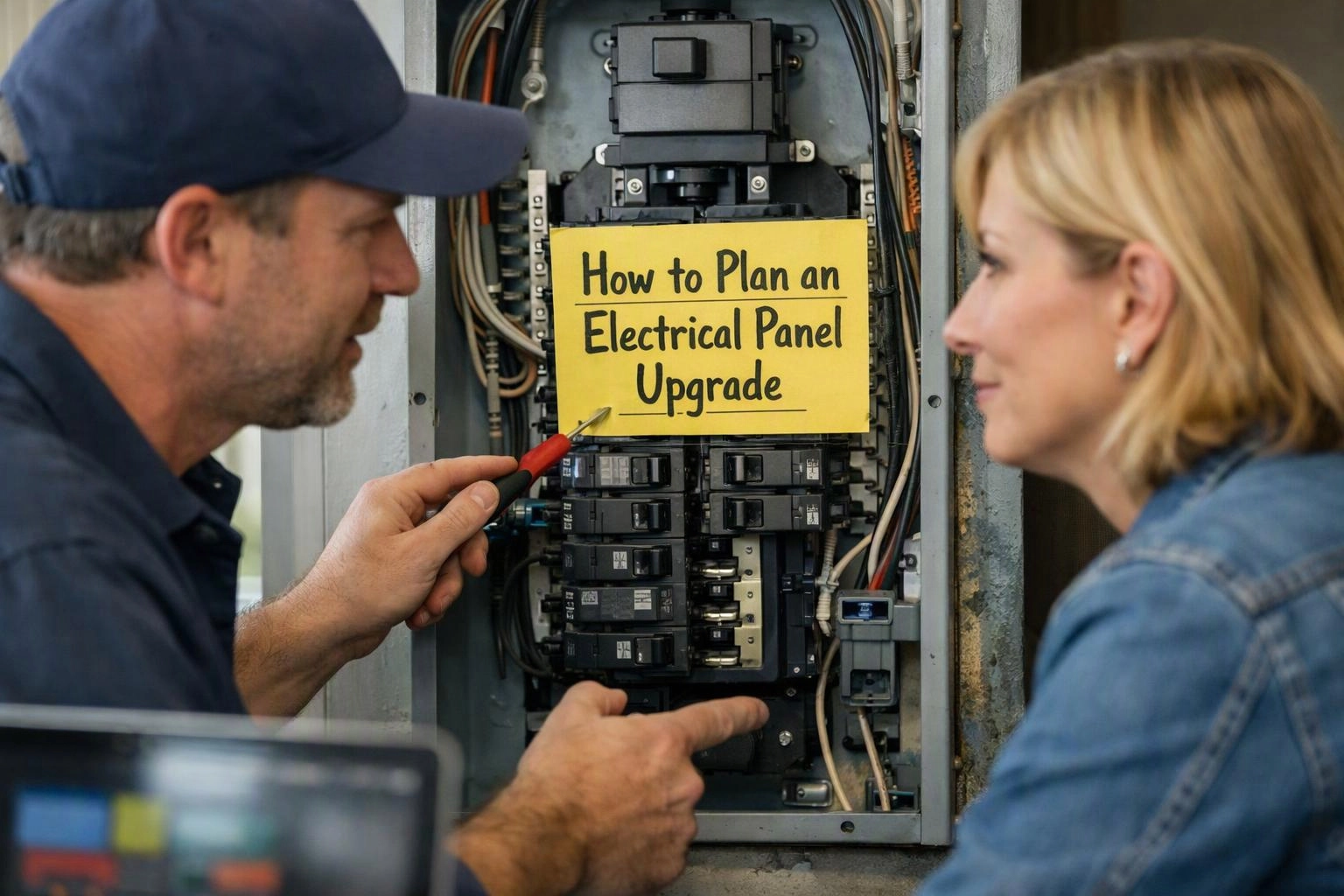 Two-person consultation photograph showing macro photograph of a physical artifact or interface element central to "How to Plan an Electrical Panel Upgrade"