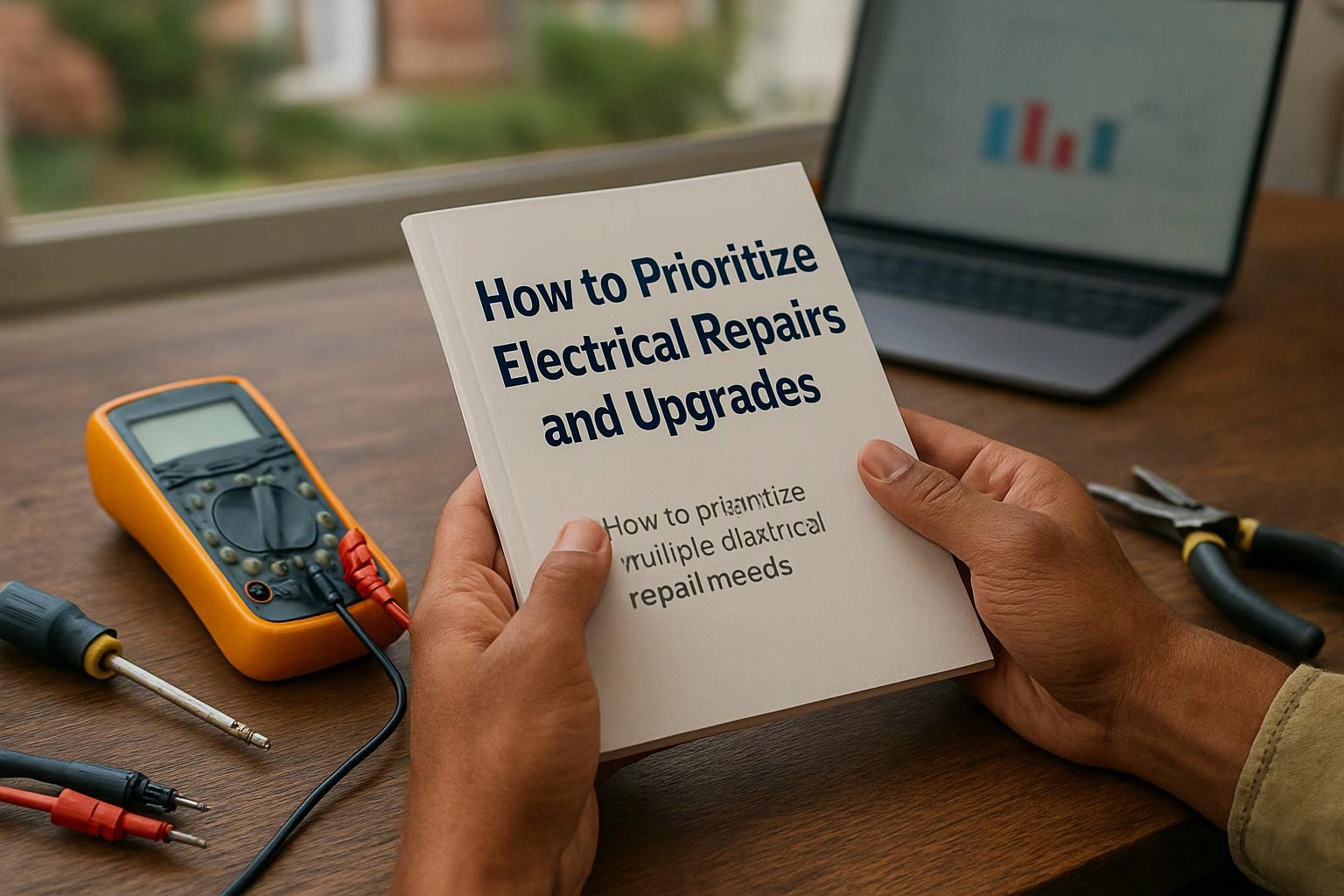 Advertising-grade tabletop still life photograph of wide establishing view of a setting where "How to Prioritize Electrical Repairs and Upgrades" naturally arises