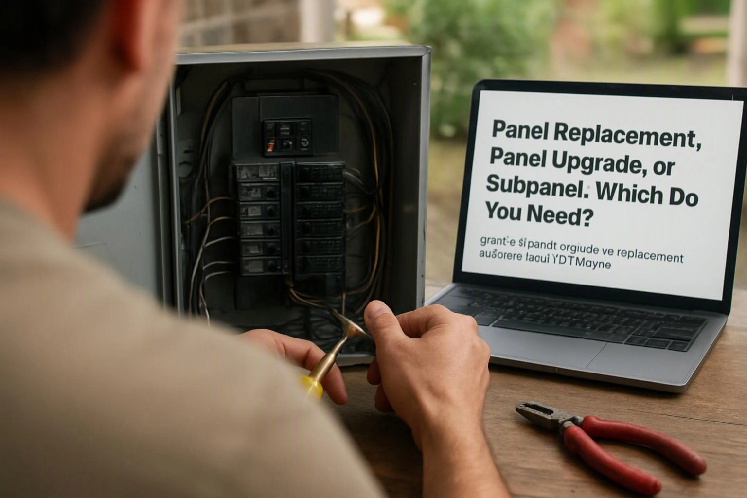 A person works on an open breaker panel beside a laptop showing electrical panel replacement text