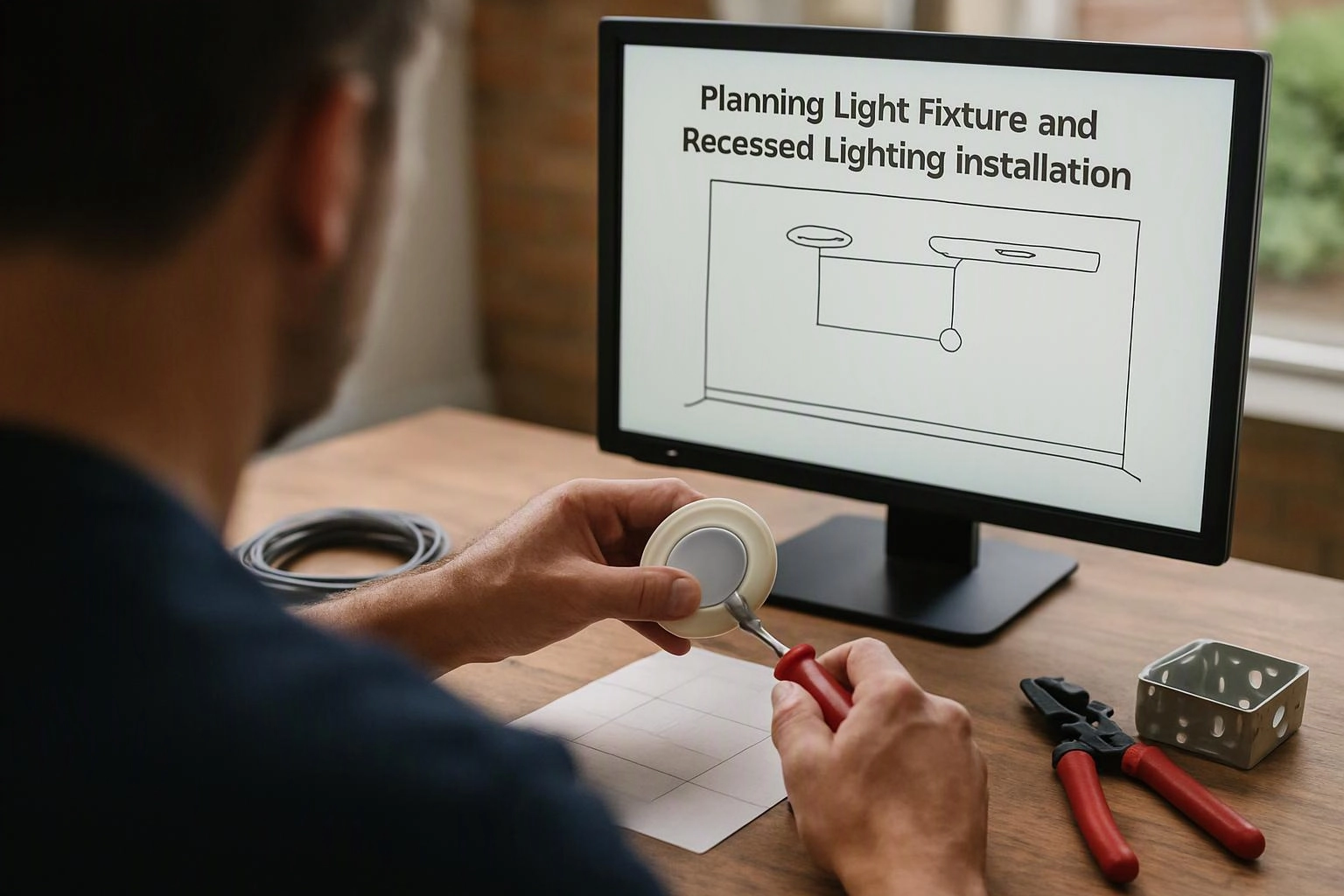 A person studies a light fixture on a desk while a monitor shows recessed lighting installation instructions