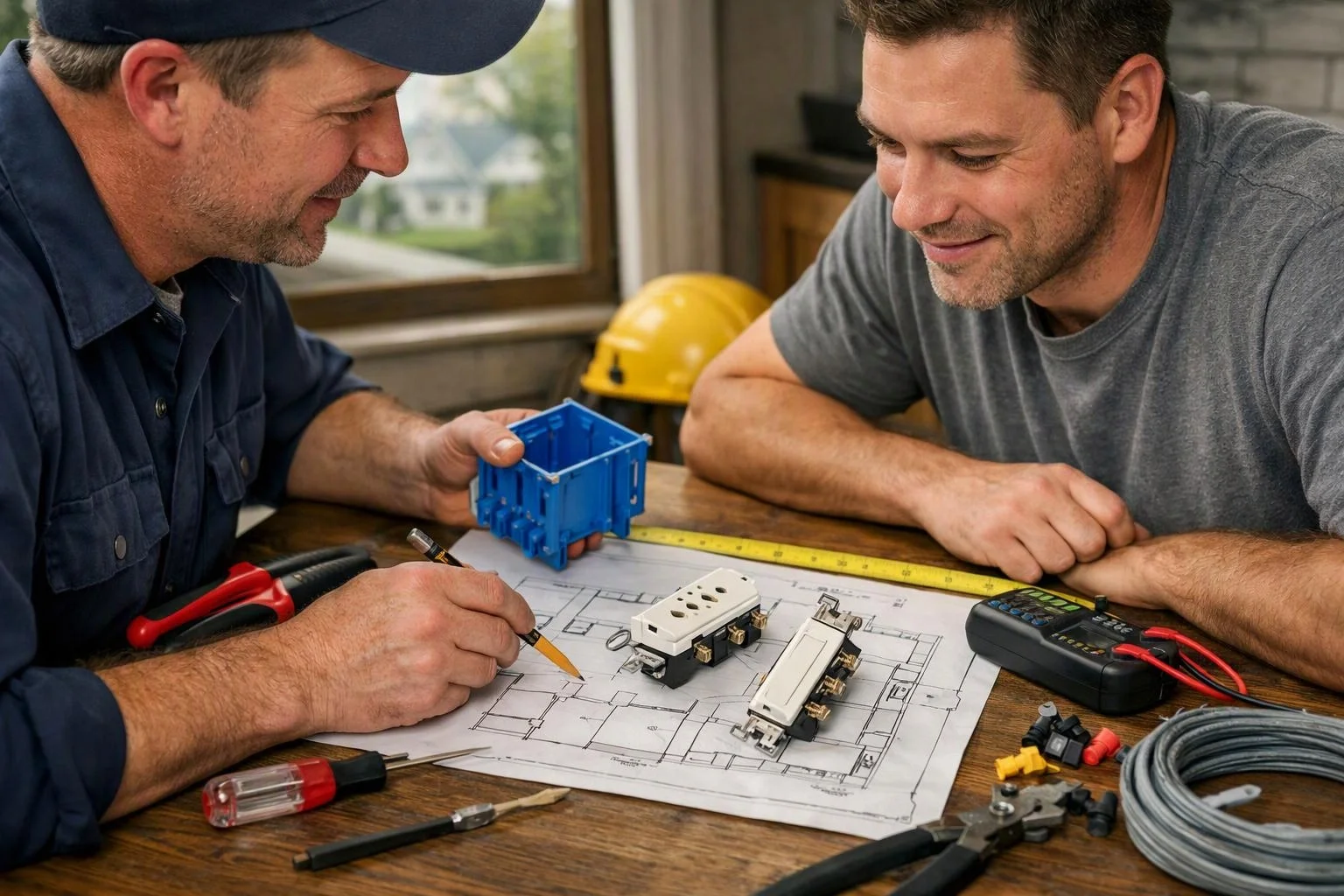 Two men study electrical plans at a wooden table, surrounded by tools, wiring, and outlet parts