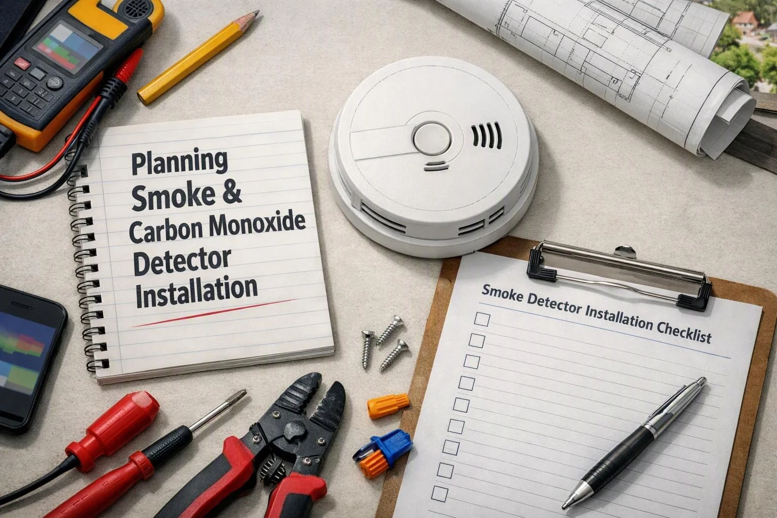A smoke detector, checklist clipboard, notebook, and tools sit on a worktable with installation plans visible