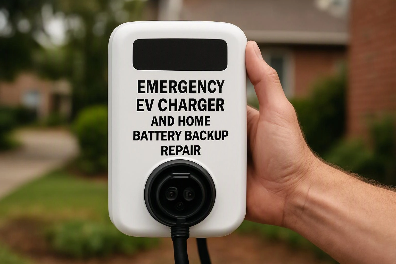 A hand holds a white emergency EV charger with bold black text and a plugged-in cord outside a house