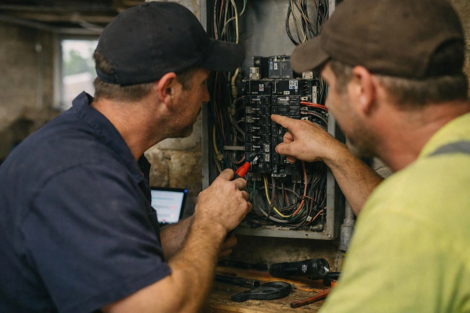 Two electricians inspect an open breaker panel with tangled wires and test tools in a dim utility room