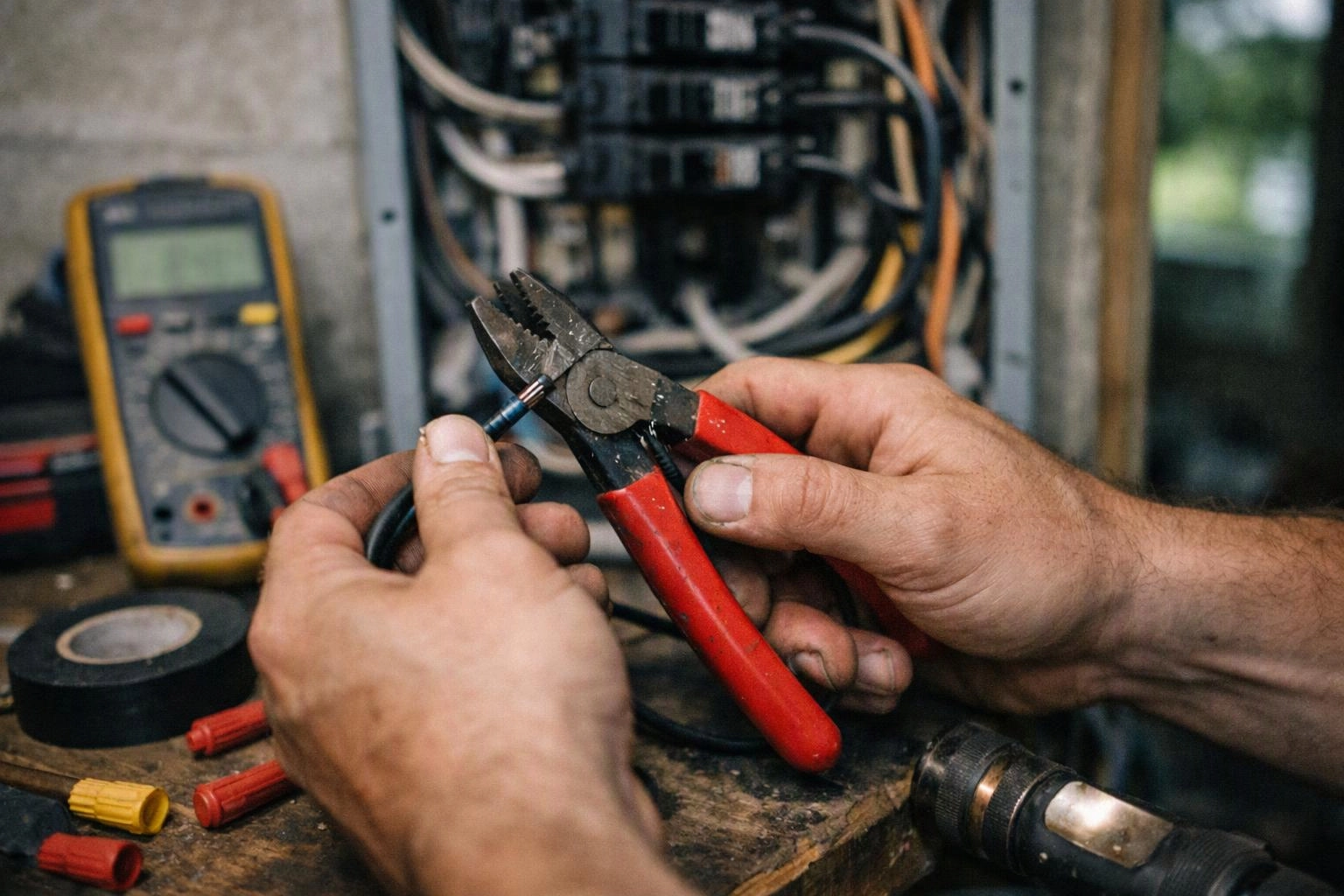 Hands hold red wire cutters and a cable in front of an open electrical panel on a workbench
