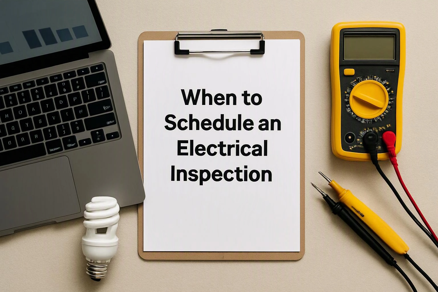 Aerial top-down flat-lay photograph of overhead flat-lay of items that represent "When to Schedule an Electrical Inspection" in a 24 Hour Electrician