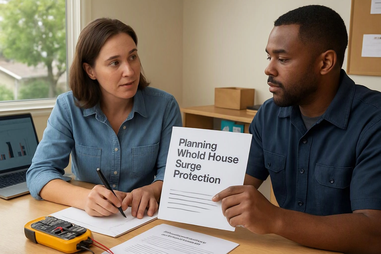 advertising photography of environmental still life in a real workspace where "Planning Whole-House Surge Protection" is planned for 24 Hour Electrician clients