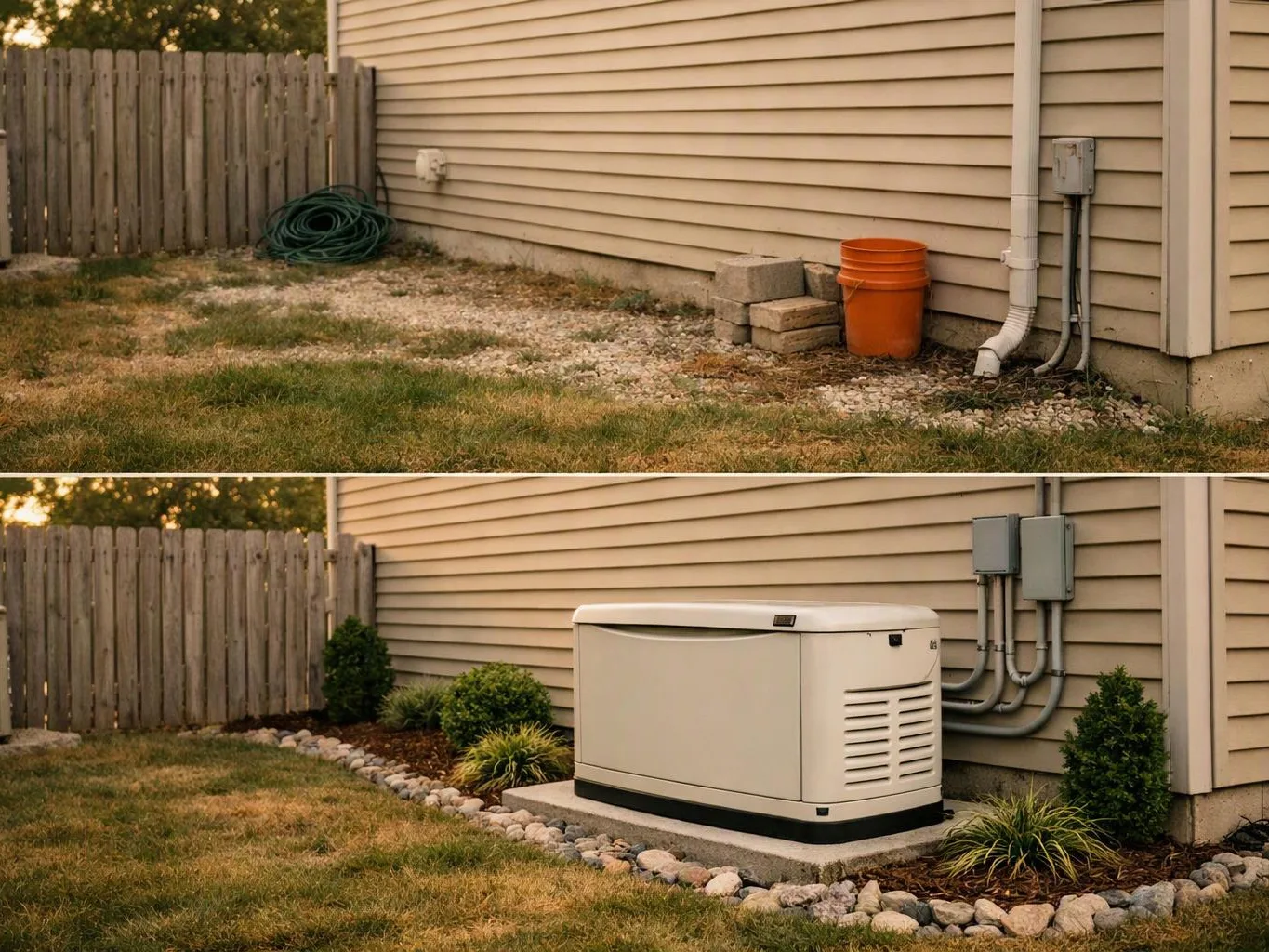 A backyard wall shows a before-and-after generator area, with an orange bucket above and a white generator below