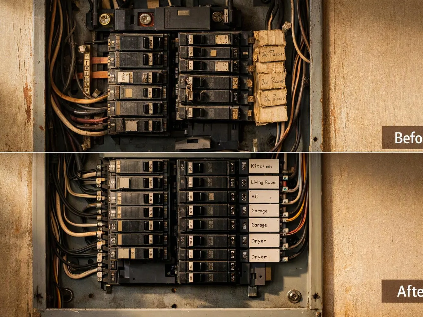 A before-and-after photo shows an electrical breaker panel with messy old wiring above and neatly labeled breakers below