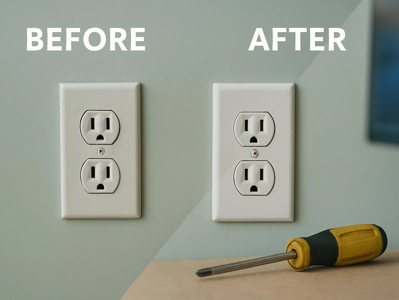 A before-and-after wall outlet comparison appears above a screwdriver on a light tabletop