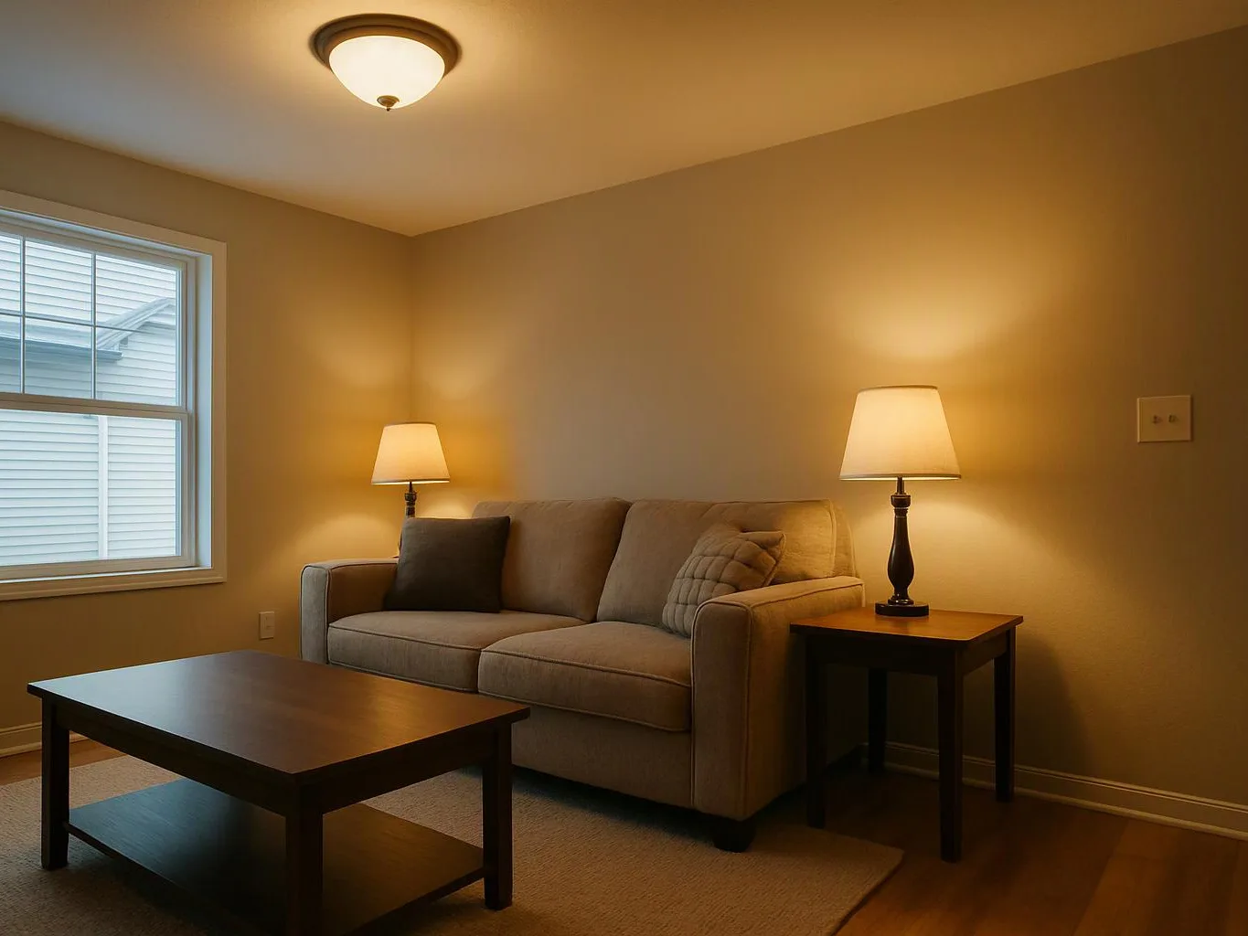 A beige living room has a sofa, two lit lamps, a dark coffee table, and a window on the left