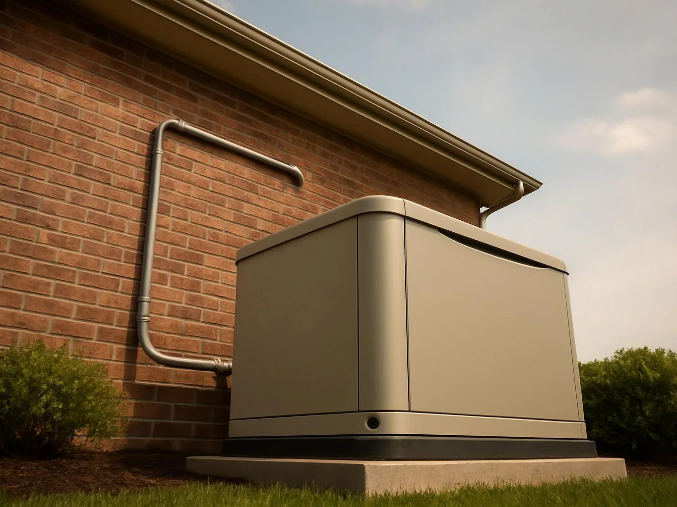 A beige outdoor generator sits beside a brick house, with a metal pipe running up the wall