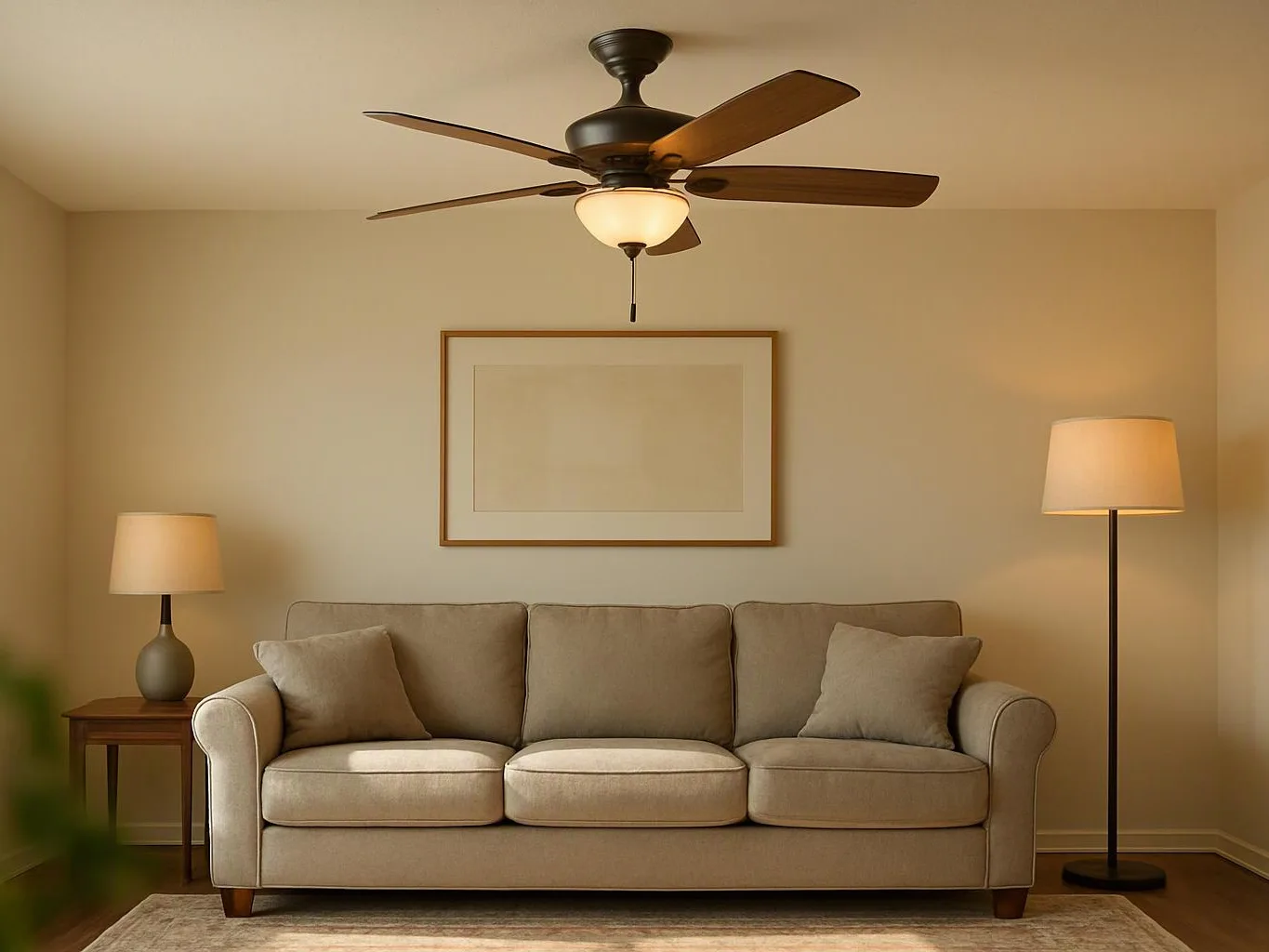 A beige sofa sits in a cozy living room, flanked by lamps under a ceiling fan and framed wall art