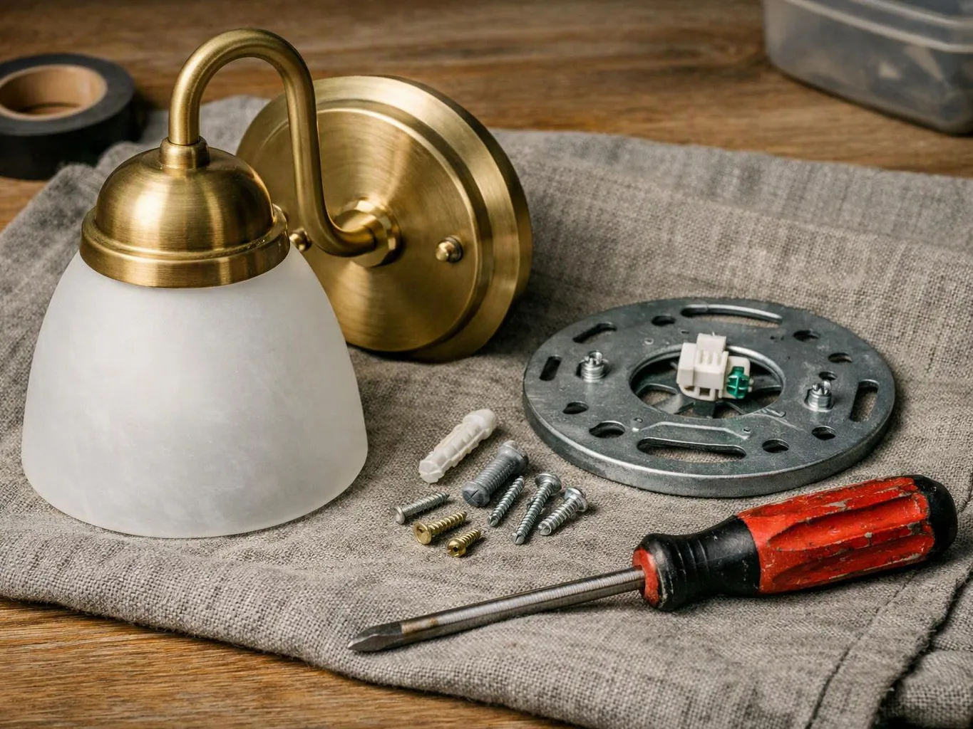 A brass wall light lies with screws, anchors, a mounting plate, and a red screwdriver on gray fabric