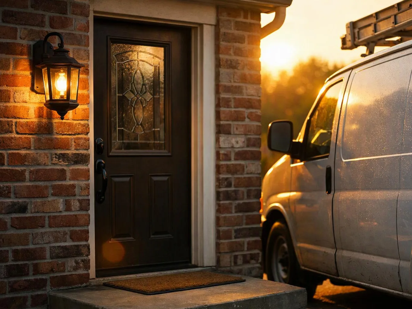 A brick house entrance with a lit wall lantern, a dark front door, and a white work van parked beside it at sunset