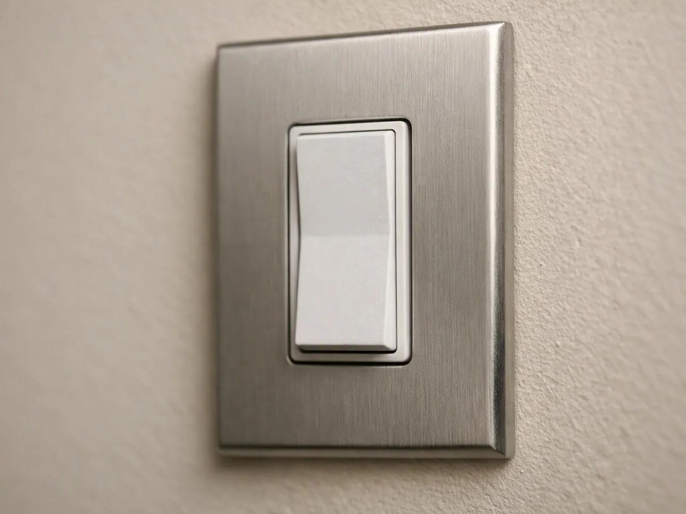 A brushed metal light switch plate sits on a beige wall, with one white toggle centered in frame