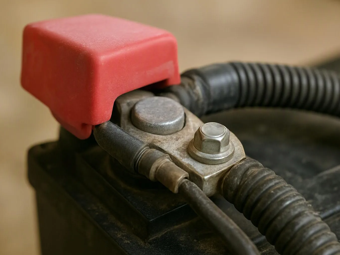 Close-up of a battery terminal with a red protective cover and connected cables
