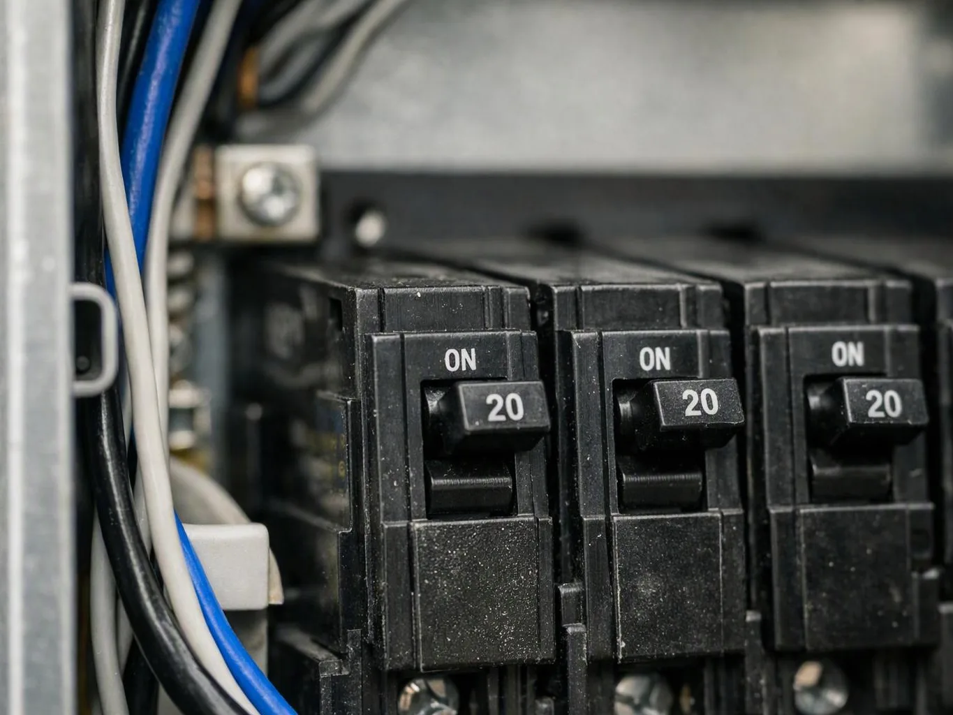 Close-up of black circuit breakers labeled on and 20 beside bundled electrical wires inside a panel