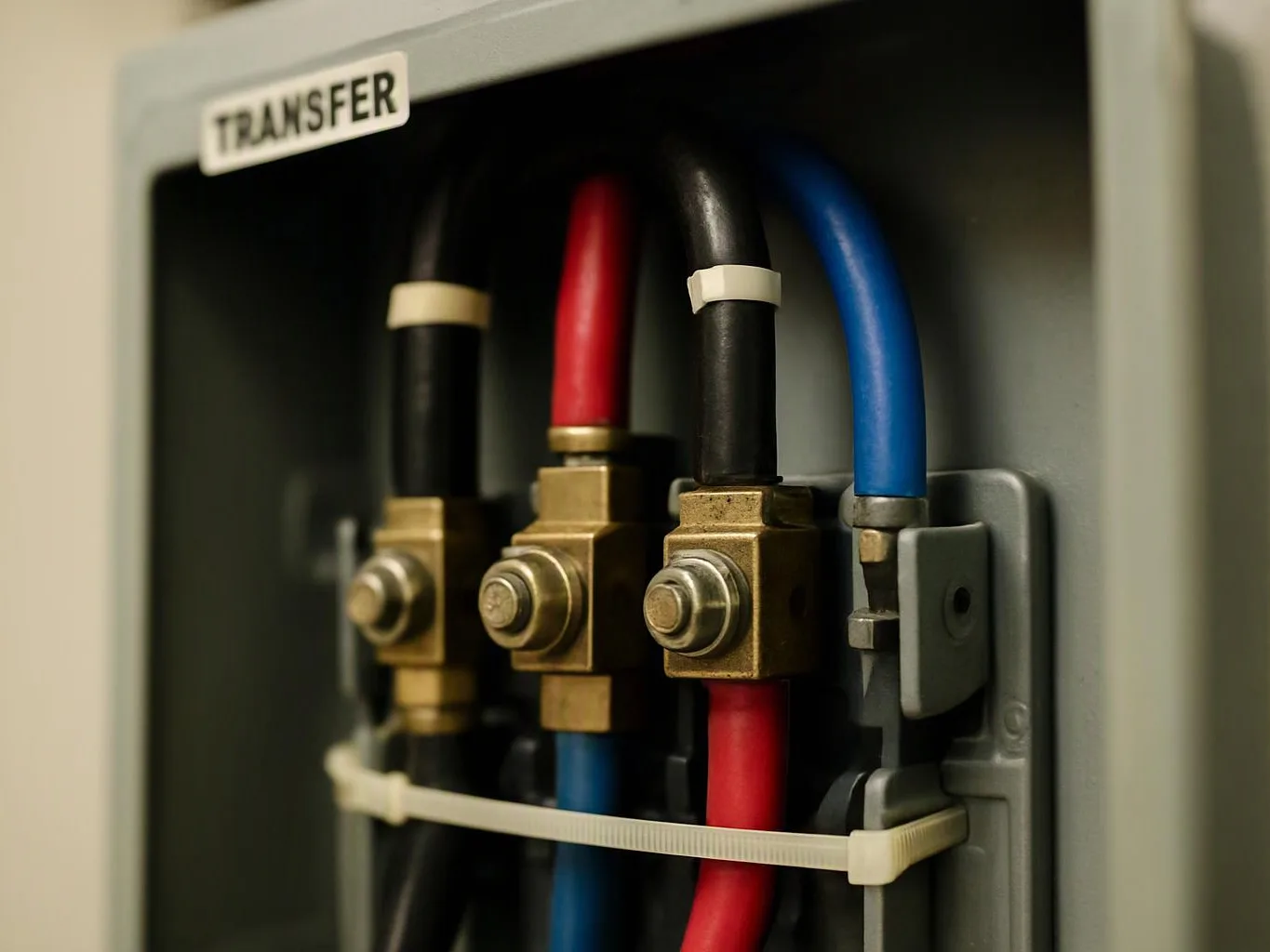 Close-up of colored electrical cables connected to brass terminals inside a gray transfer panel