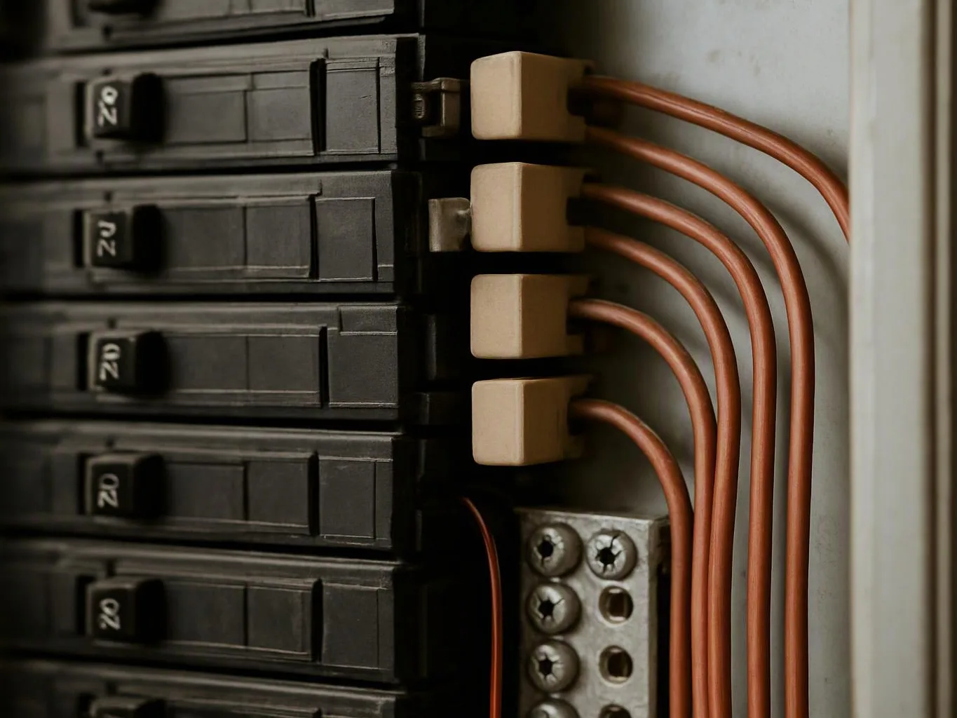 Close-up of an electrical breaker panel with black switches, copper wires, and beige connectors inside a metal box