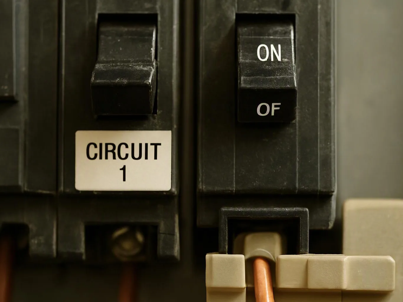Close-up of an electrical circuit breaker panel with a labeled switch and visible wires