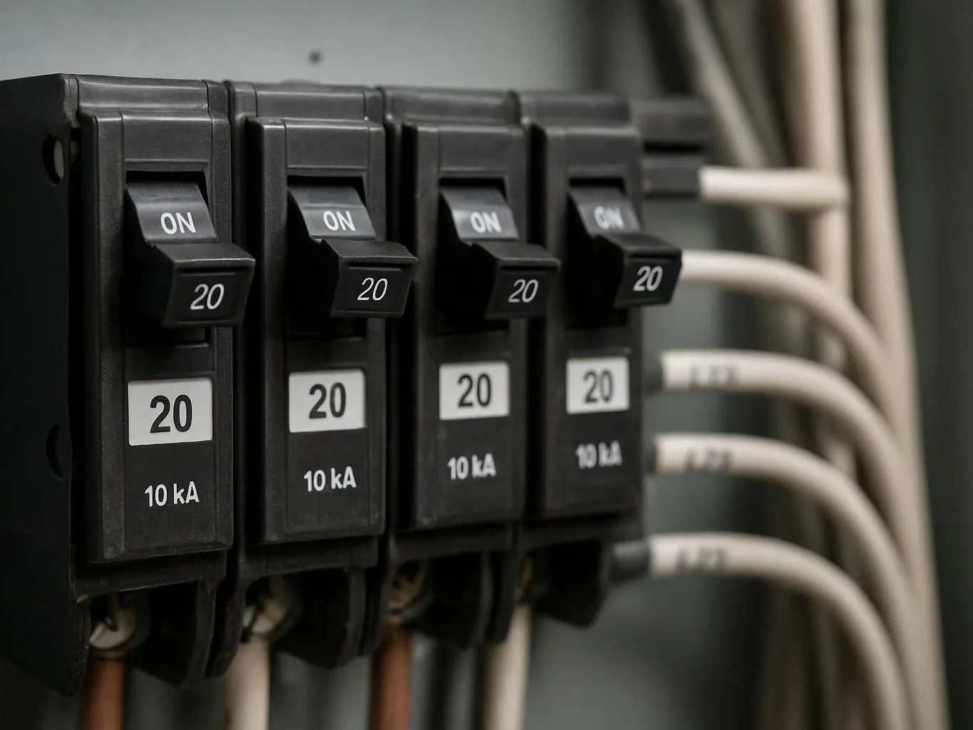 Close-up of four black circuit breakers labeled 20, with white wires connected in a panel