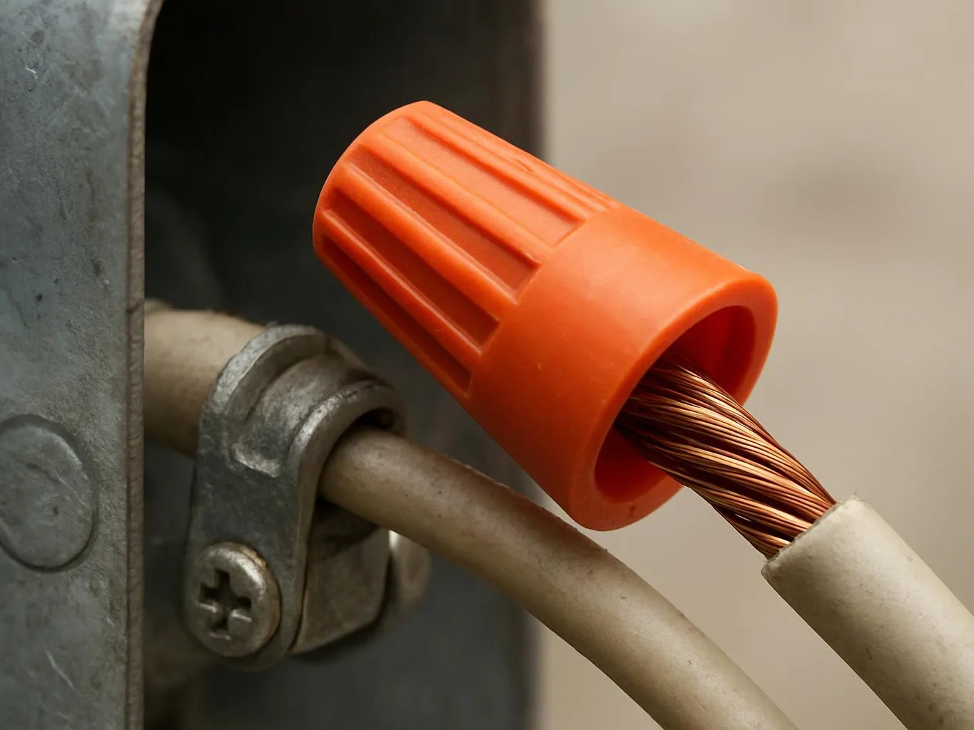 Close-up of an orange wire connector joining a bare copper cable to a beige insulated wire near a metal bracket