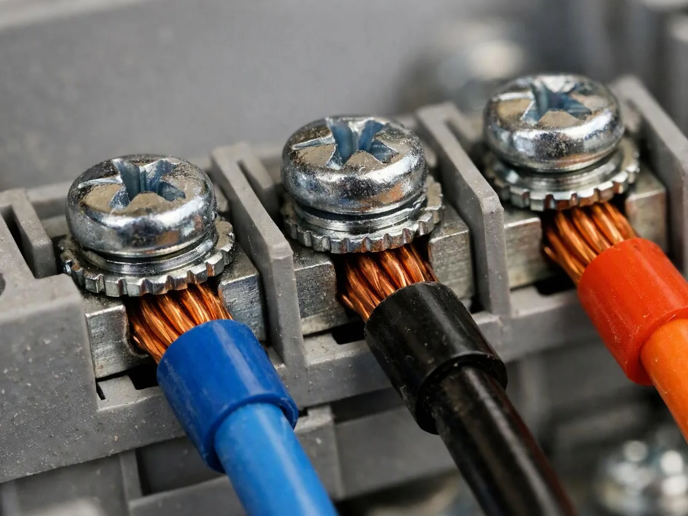 Close-up of three colored wires clamped under metal screws inside a gray terminal block