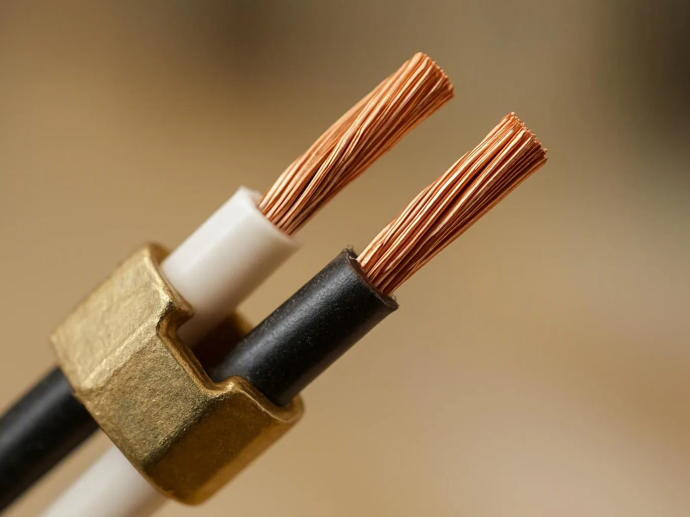 Close-up of two stripped copper wire ends held by a gold-colored connector against a blurred background