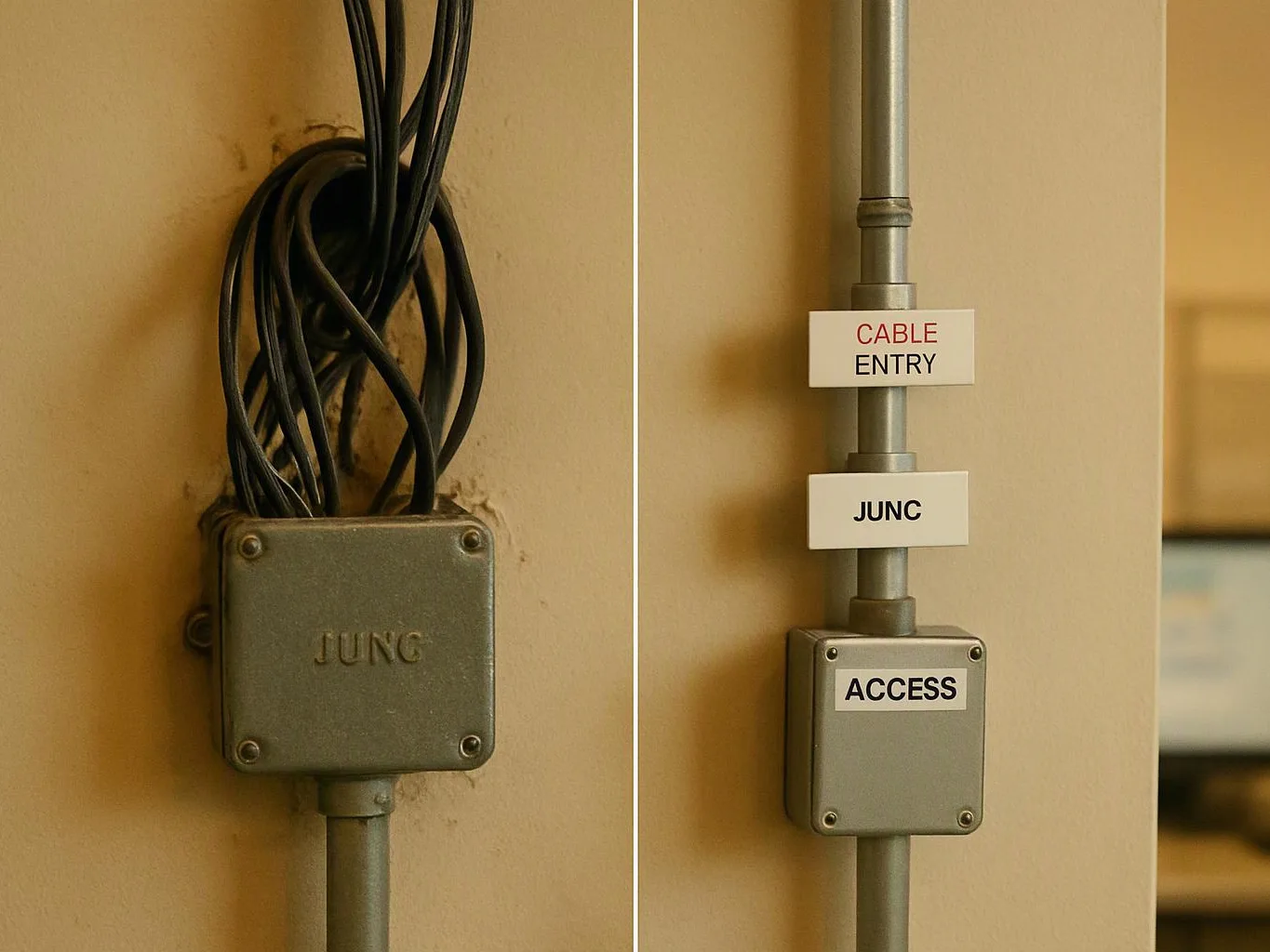 Close-up of wall-mounted electrical conduit and metal junction boxes with black cables entering the wall