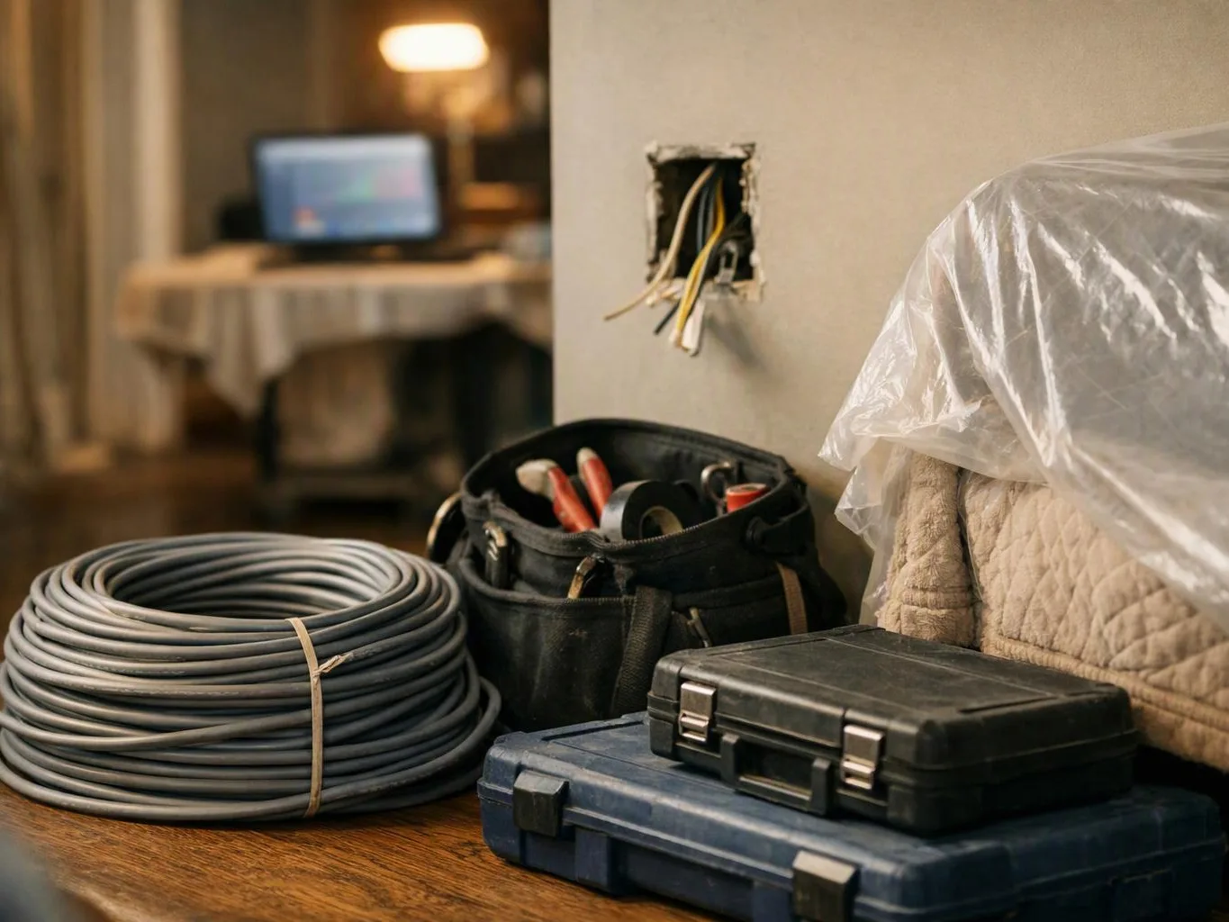 Coiled cable, tool bags, and cases sit by a wall opening with exposed wires in a dim room