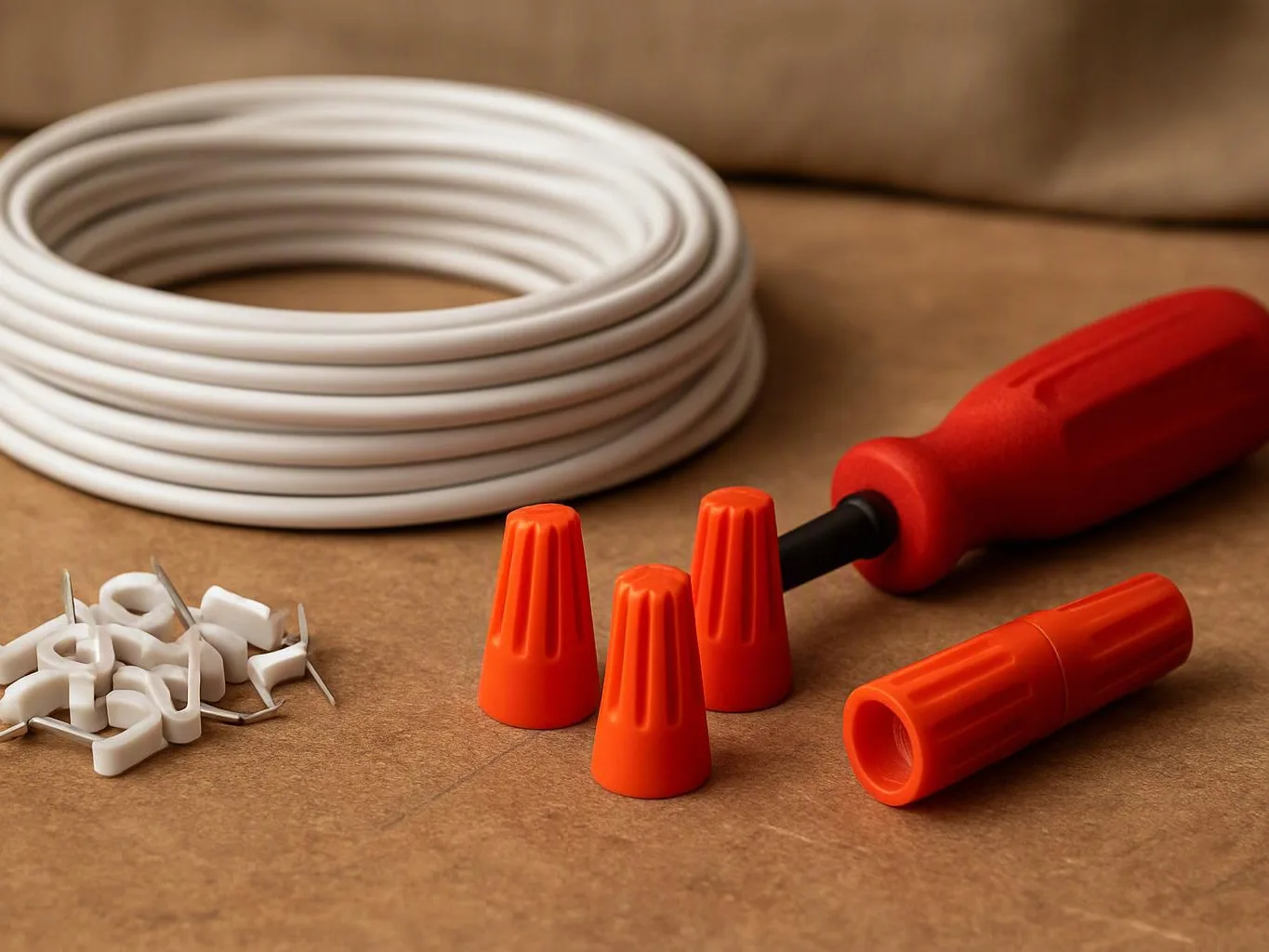 A coiled white cable, orange wire nuts, and a red-handled screwdriver sit on a brown surface
