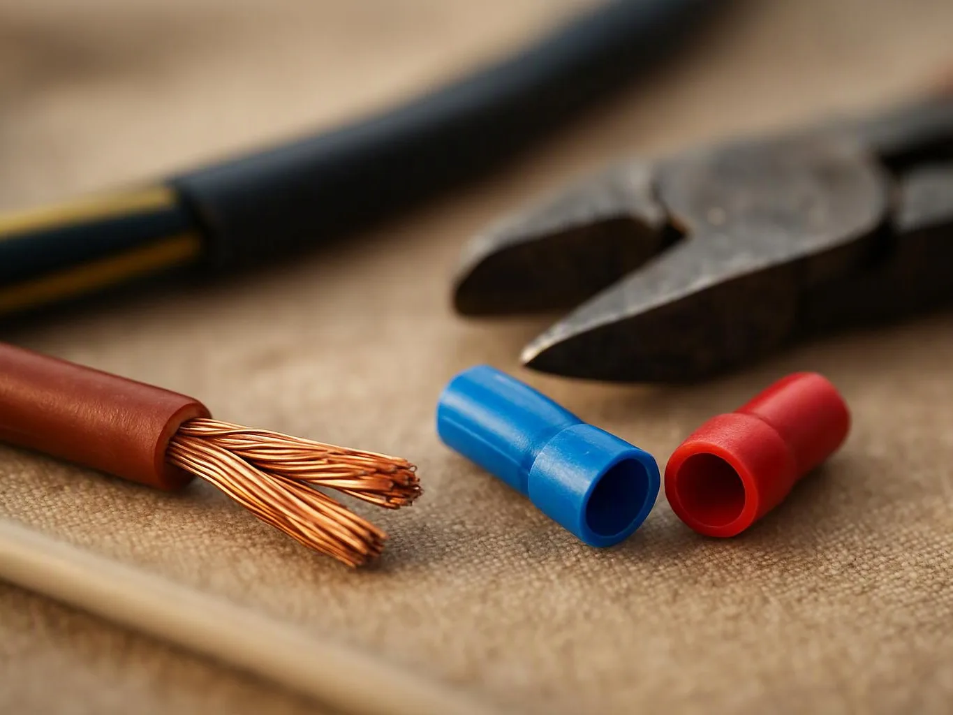 Copper wire, colored crimp connectors, and pliers rest on a work surface