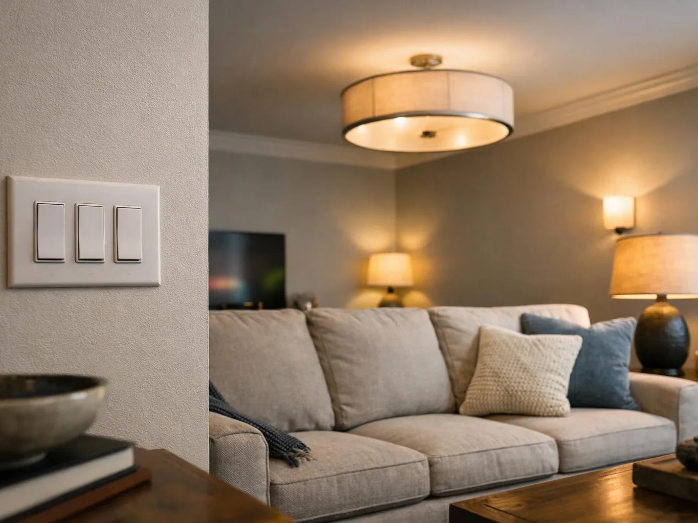 A cozy living room shows a beige sofa, lit lamps, a ceiling light, and a wall switch in the foreground