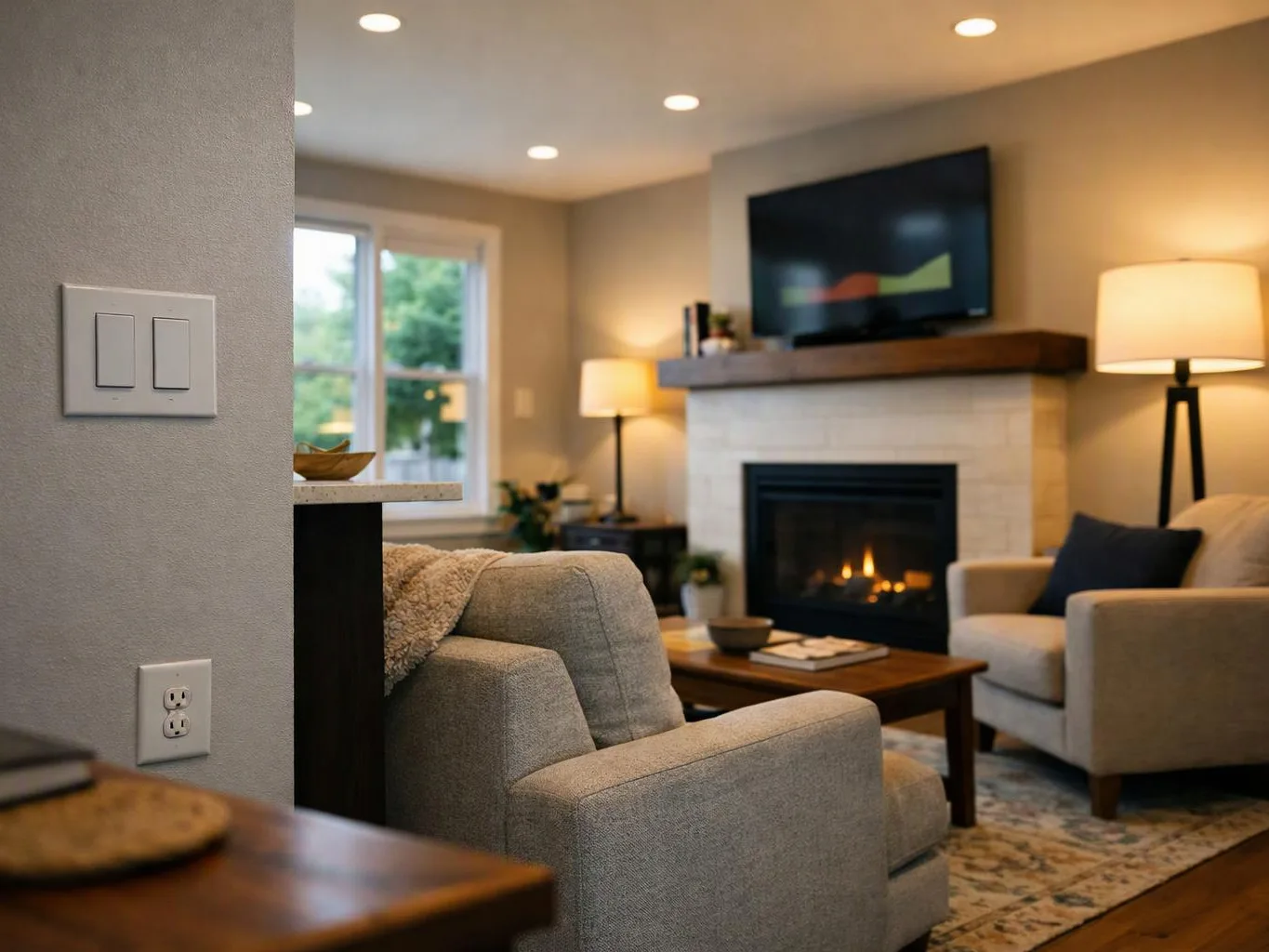 A cozy living room shows gray chairs, a lit fireplace, lamps, and a wall-mounted TV