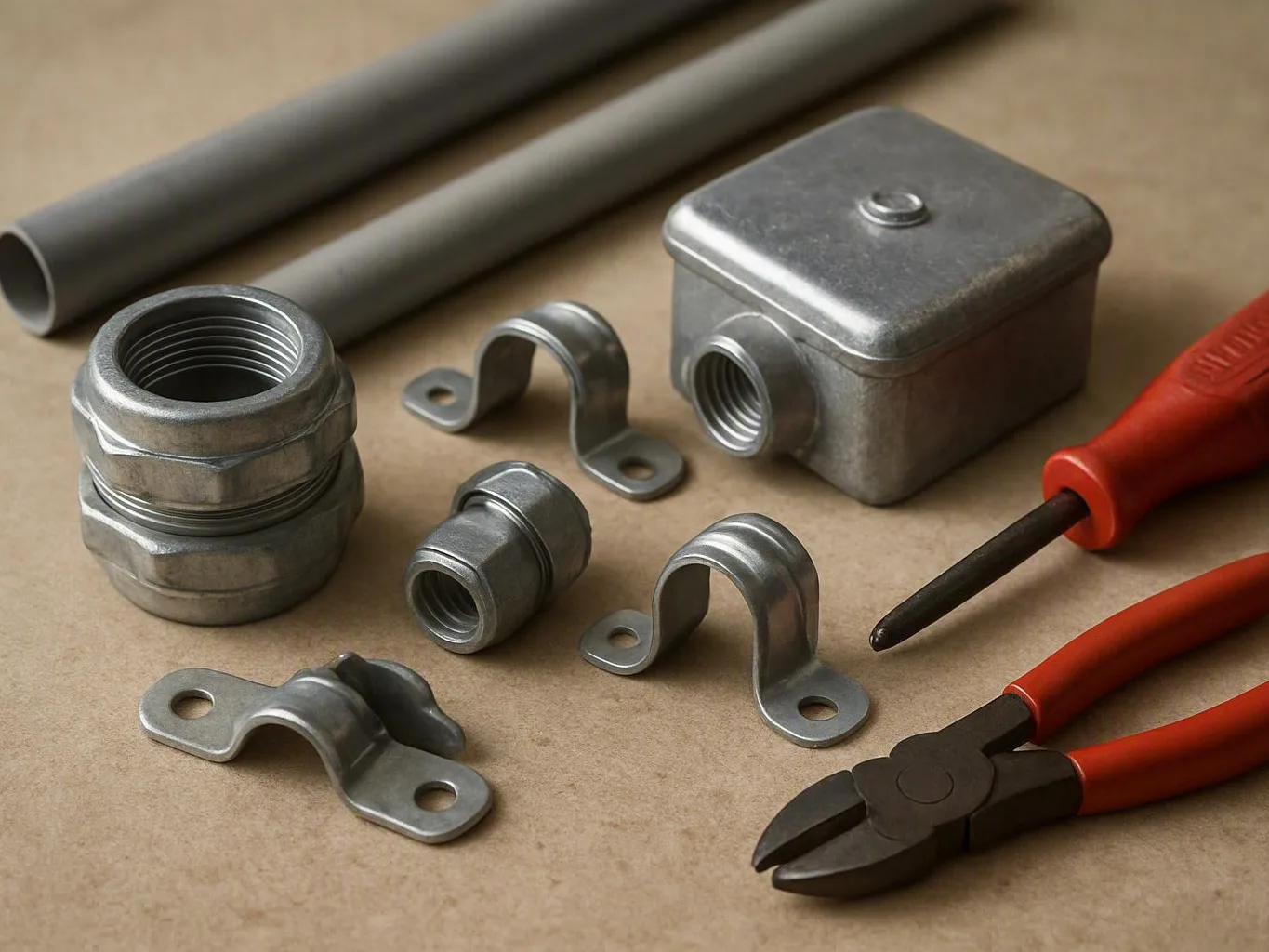 Metal conduit fittings, pipe pieces, clamps, and red-handled tools arranged on a beige work surface