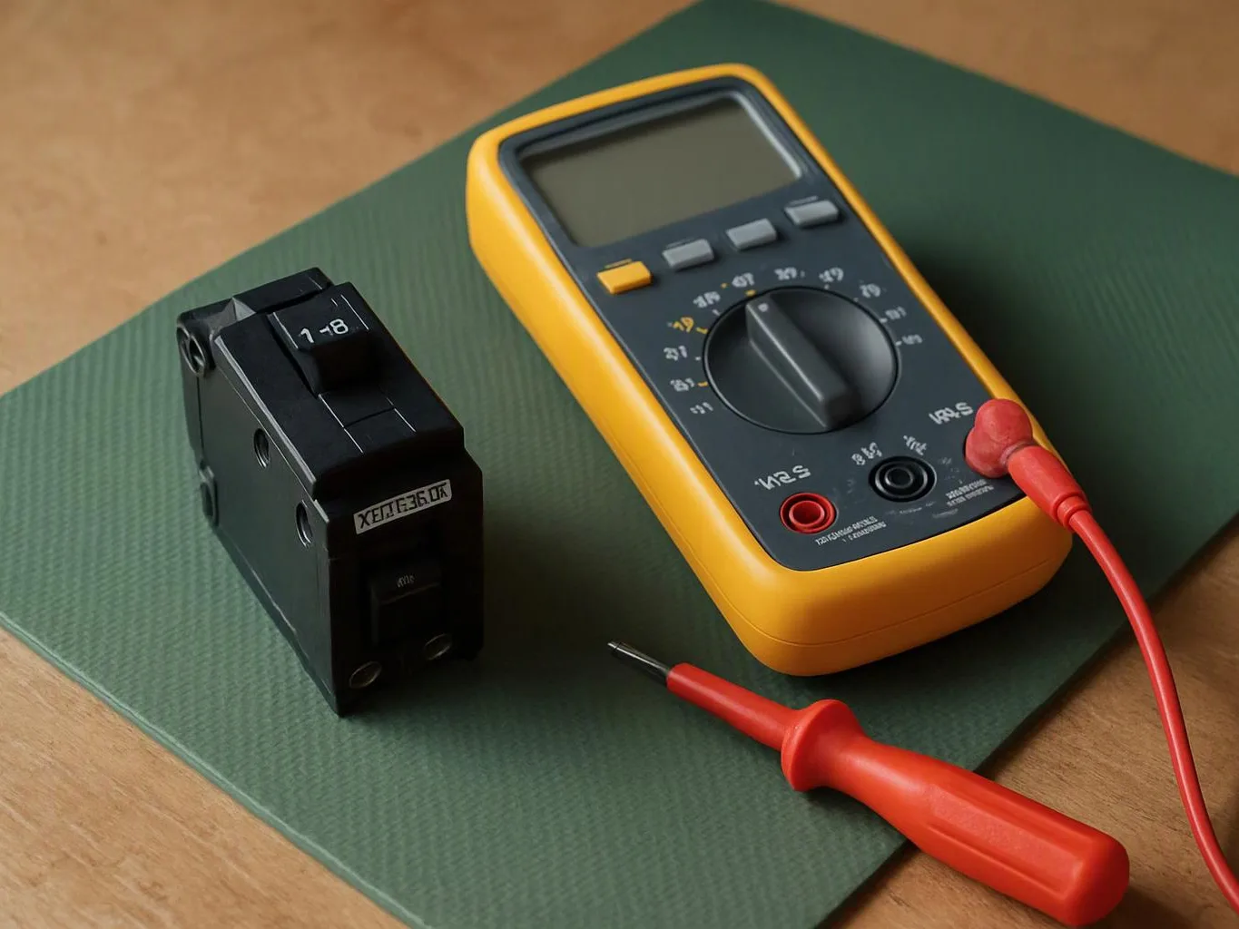 A digital multimeter, a black circuit breaker, and a red test probe rest on a green mat