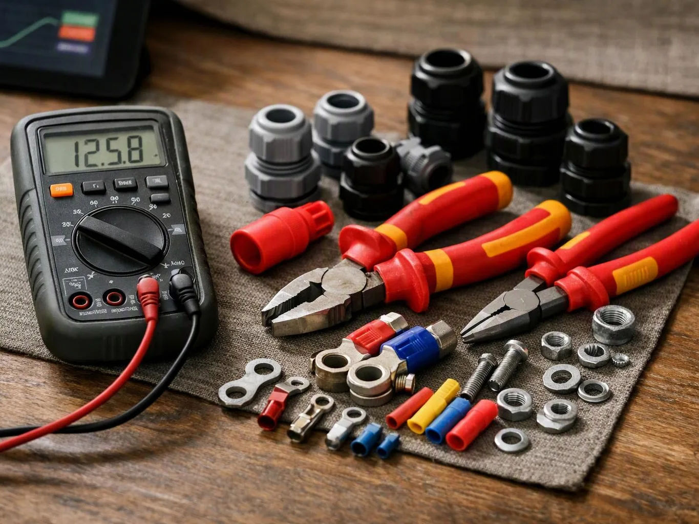 A digital multimeter, pliers, screwdrivers, and assorted cable connectors and hardware sit on a cloth mat on a wooden table