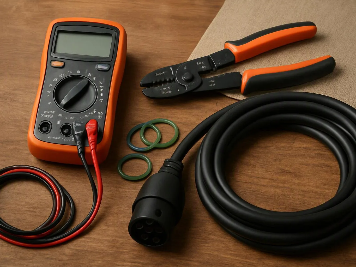 A digital multimeter, wire stripper, cables, and rubber rings are arranged on a wooden table