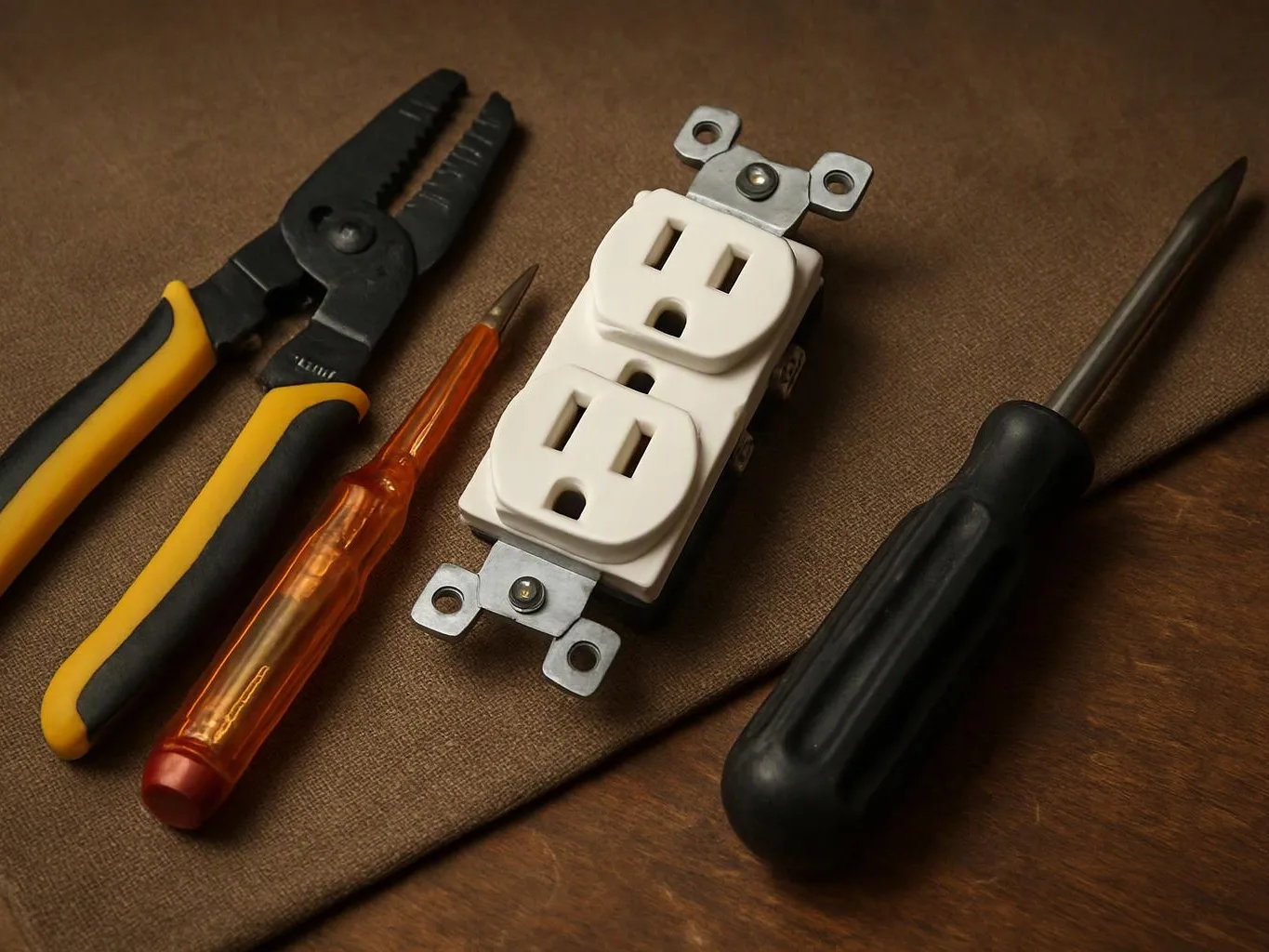 A duplex electrical outlet sits between pliers, a test screwdriver, and a black-handled screwdriver on a wooden surface