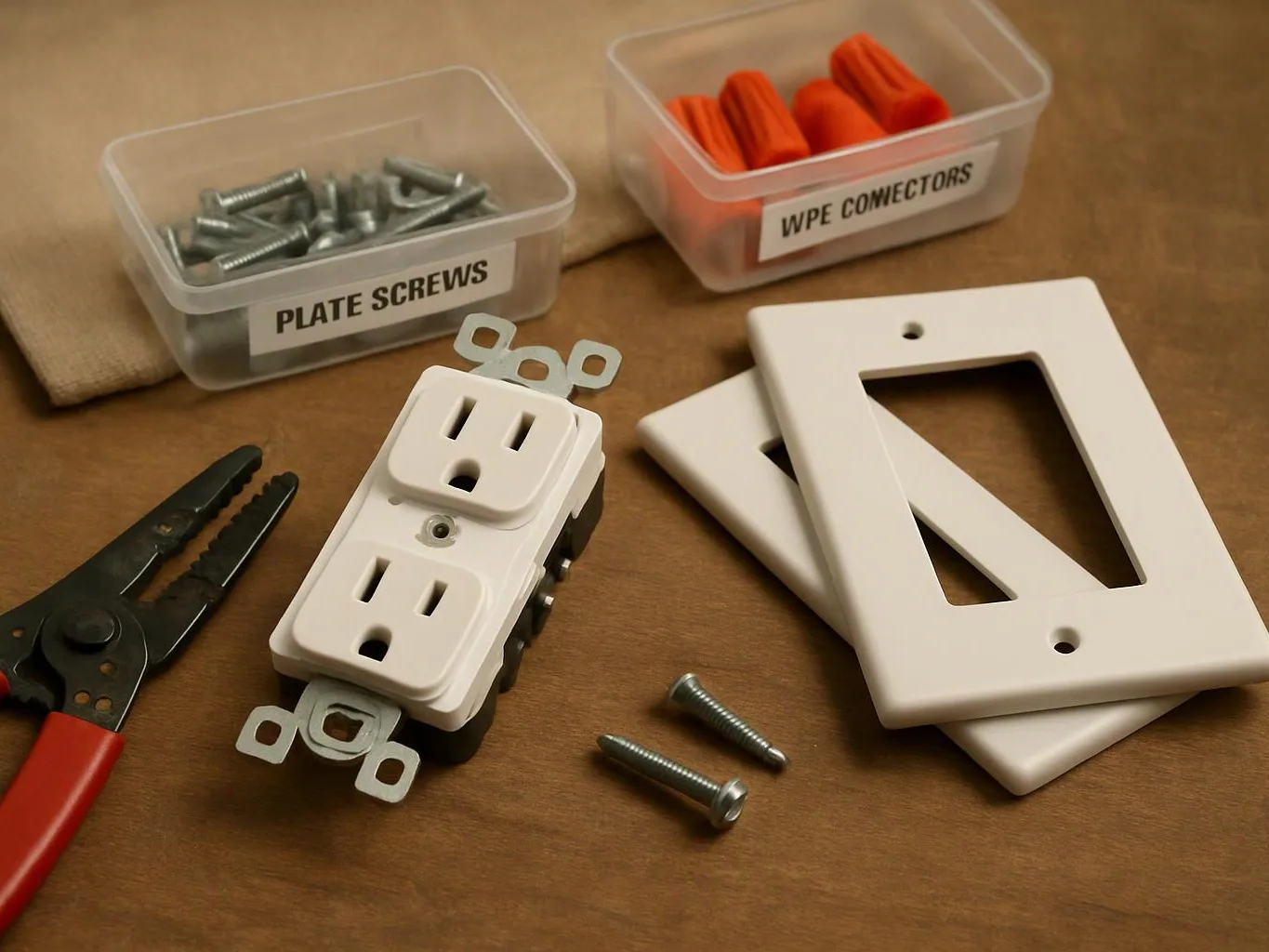 An electrical outlet and wall plates sit with screws, wire connectors, and a stripped tool on a table